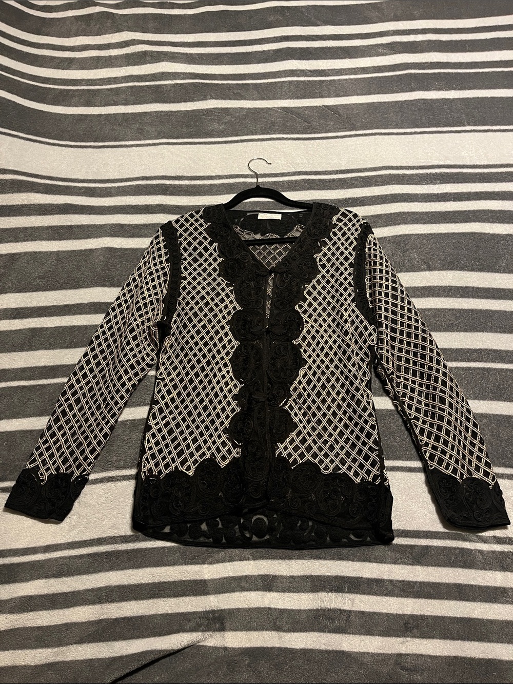 Black and Gold V-Neck Lace-Trim Sweater